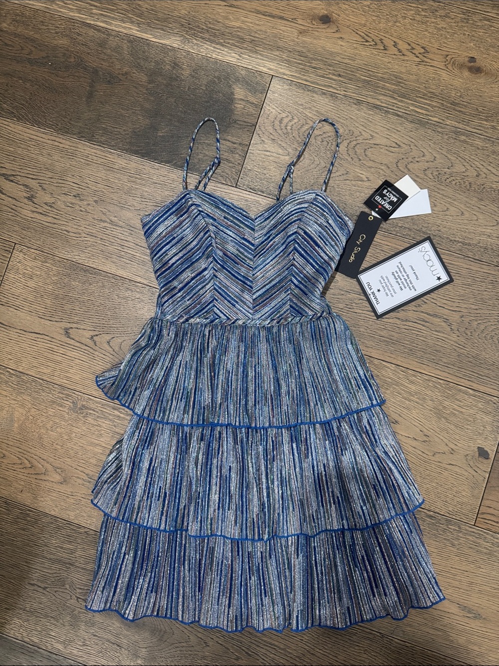 SAYLOR Blue Metallic Tiered Spaghetti-Strap Mini Dress